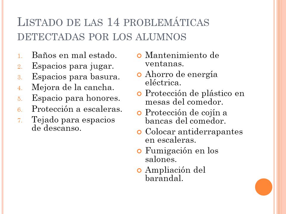 Listado de las 14 problemáticas detectadas por los alumnos