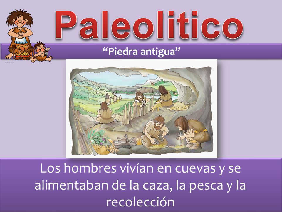 Paleolitico Piedra antigua Los hombres vivían en cuevas y se alimentaban de la caza, la pesca y la recolección.