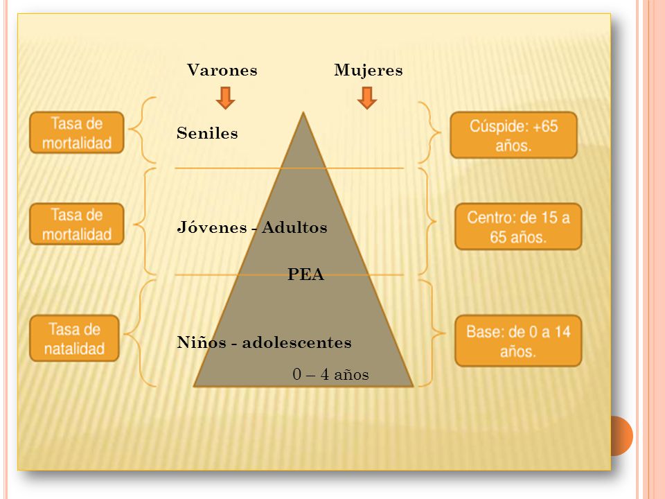 Varones Mujeres Seniles Jóvenes - Adultos PEA Niños - adolescentes 0 – 4 años