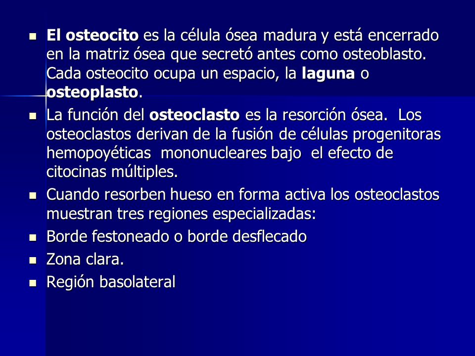 El osteocito es la célula ósea madura y está encerrado en la matriz ósea que secretó antes como osteoblasto. Cada osteocito ocupa un espacio, la laguna o osteoplasto.
