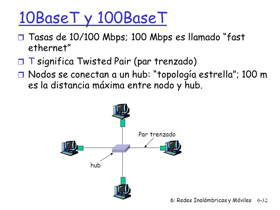 10BaseT y 100BaseT Tasas de 10/100 Mbps; 100 Mbps es llamado fast ethernet T significa Twisted Pair (par trenzado)