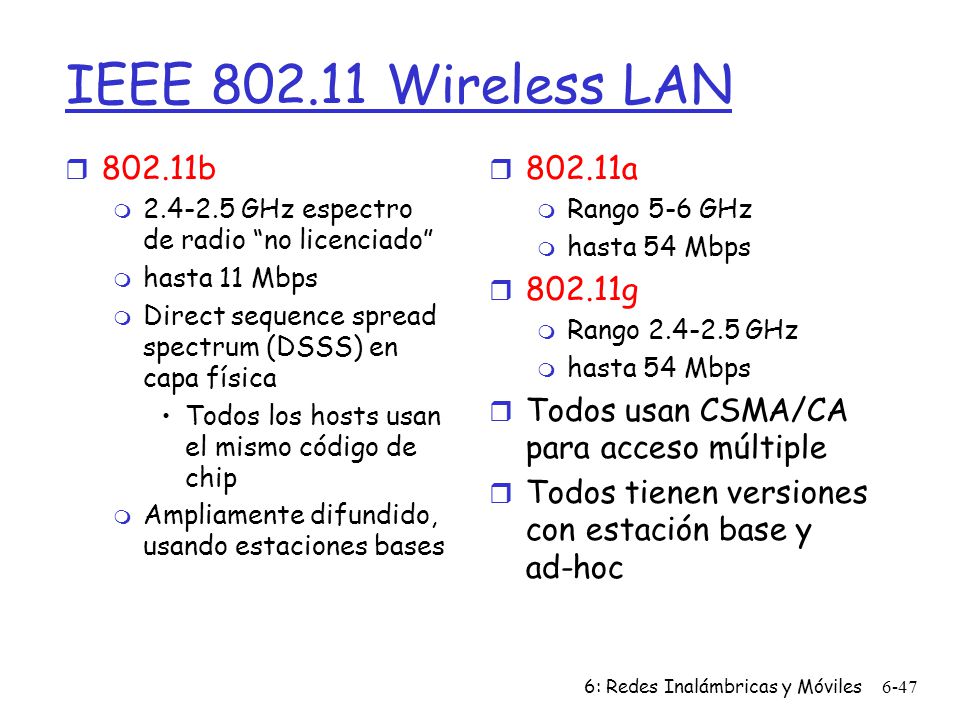 IEEE Wireless LAN b GHz espectro de radio no licenciado hasta 11 Mbps.