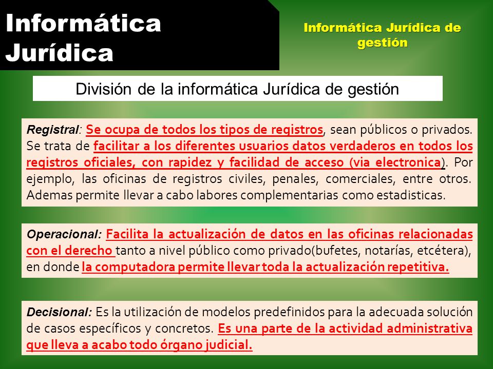 Informática Jurídica División de la informática Jurídica de gestión