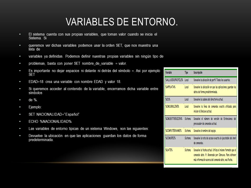 VARIABLES DE ENTORNO. El sistema cuenta con sus propias variables, que toman valor cuando se inicia el Sistema. Si.