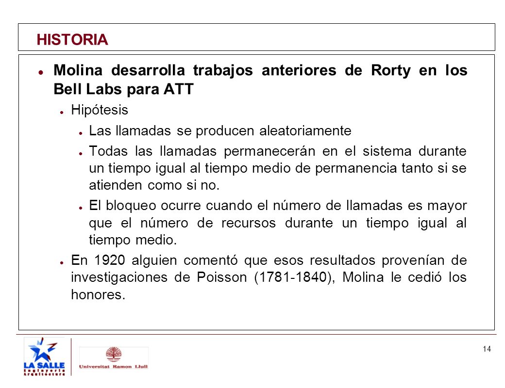 HISTORIA Molina desarrolla trabajos anteriores de Rorty en los Bell Labs para ATT. Hipótesis. Las llamadas se producen aleatoriamente.