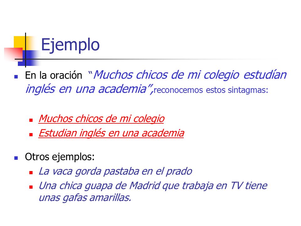 Ejemplo En la oración Muchos chicos de mi colegio estudían inglés en una academia ,reconocemos estos sintagmas:
