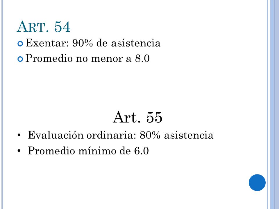 Art. 54 Art. 55 Exentar: 90% de asistencia Promedio no menor a 8.0