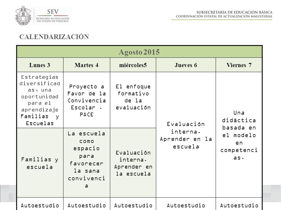 Agosto 2015 CALENDARIZACIÓN Lunes 3 Martes 4 miércoles5 Jueves 6