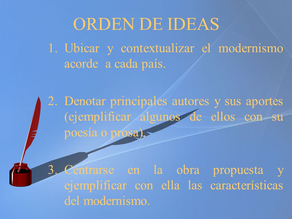 ORDEN DE IDEAS Ubicar y contextualizar el modernismo acorde a cada país.