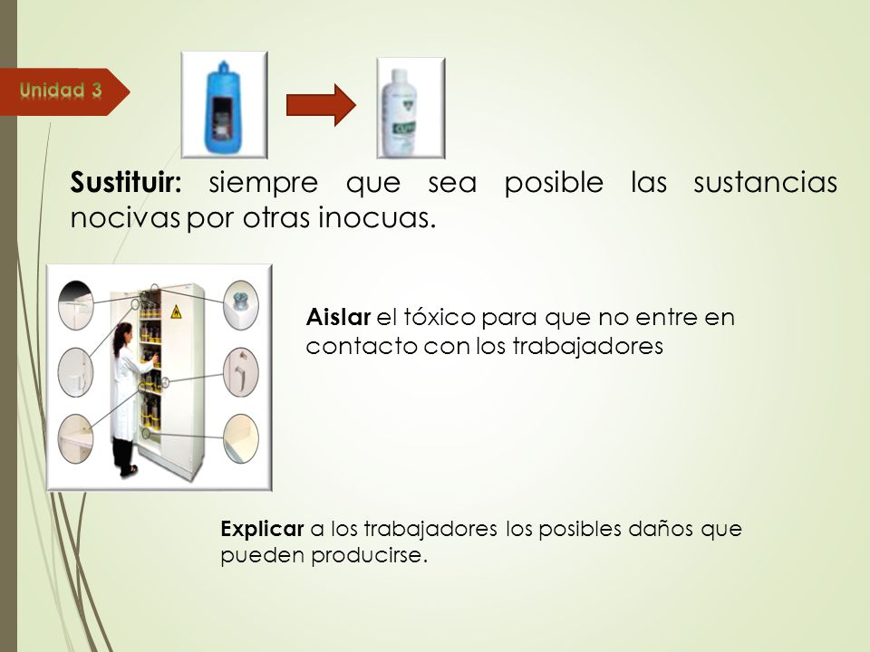 Unidad 3 Sustituir: siempre que sea posible las sustancias nocivas por otras inocuas.
