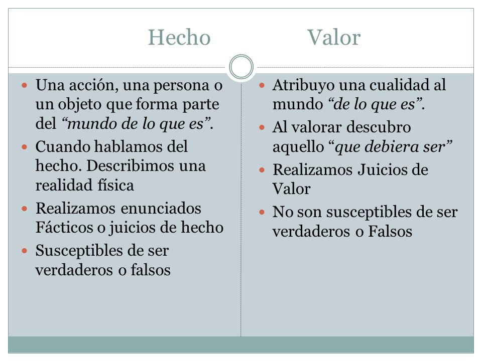 Hecho Valor Una acción, una persona o un objeto que forma parte del mundo de lo que es .