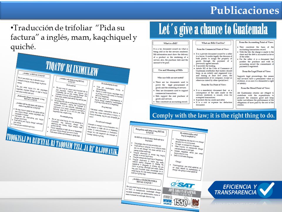 Publicaciones Traducción de trifoliar Pida su factura a inglés, mam, kaqchiquel y quiché.