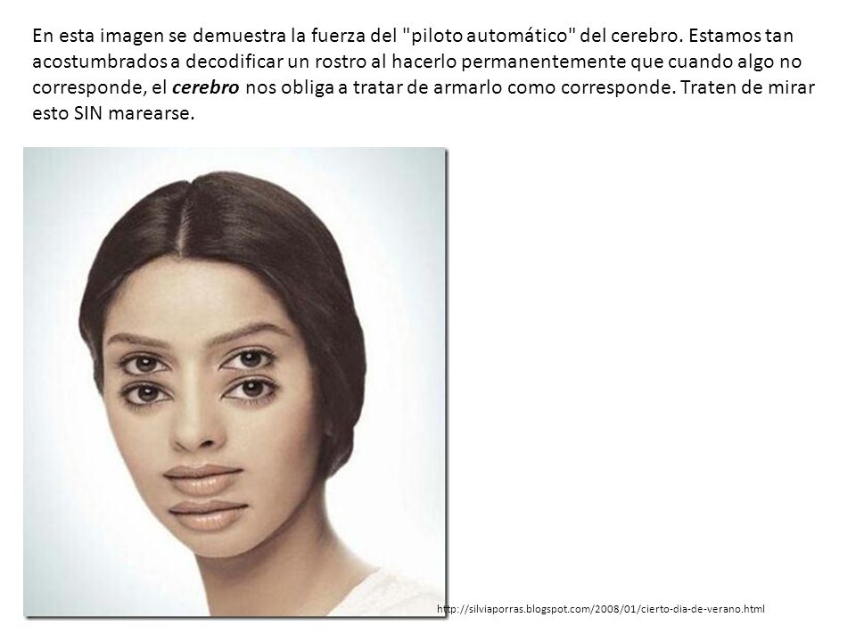 En esta imagen se demuestra la fuerza del piloto automático del cerebro. Estamos tan acostumbrados a decodificar un rostro al hacerlo permanentemente que cuando algo no corresponde, el cerebro nos obliga a tratar de armarlo como corresponde. Traten de mirar esto SIN marearse.