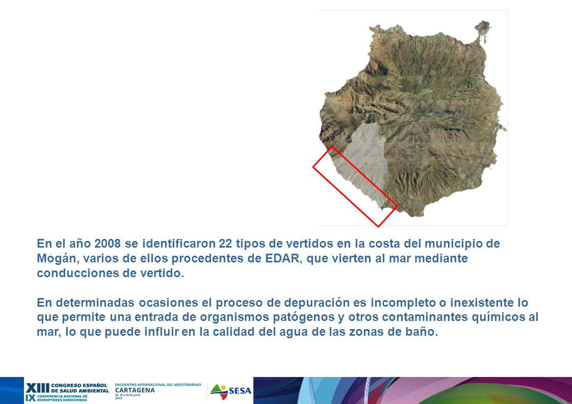 En el año 2008 se identificaron 22 tipos de vertidos en la costa del municipio de Mogán, varios de ellos procedentes de EDAR, que vierten al mar mediante conducciones de vertido.