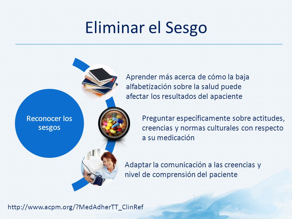 Eliminar el Sesgo Reconocer los sesgos. Aprender más acerca de cómo la baja alfabetización sobre la salud puede afectar los resultados del apaciente.