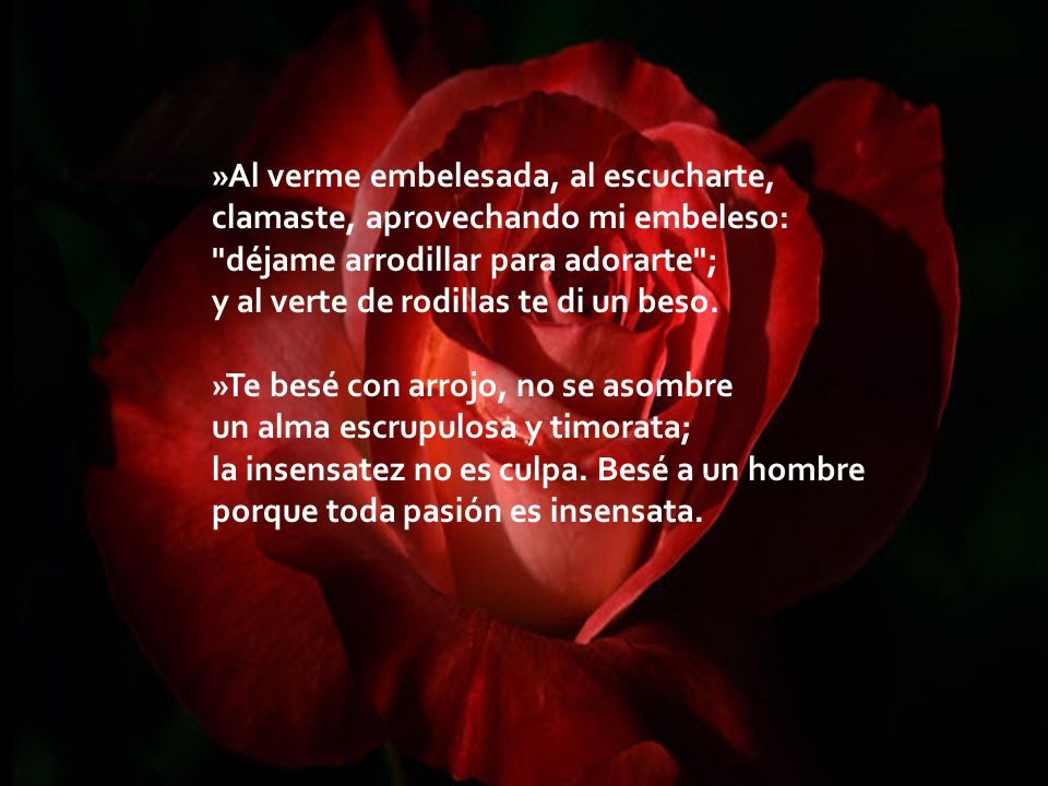 »Al verme embelesada, al escucharte, clamaste, aprovechando mi embeleso: déjame arrodillar para adorarte ; y al verte de rodillas te di un beso.