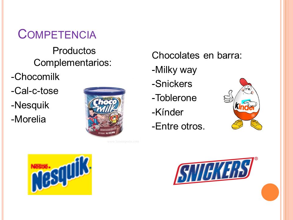 Productos Complementarios: -Chocomilk -Cal-c-tose -Nesquik -Morelia