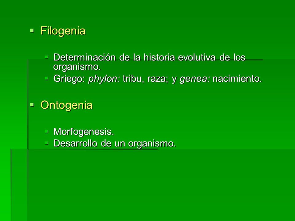 Filogenia Determinación de la historia evolutiva de los organismo. Griego: phylon: tribu, raza; y genea: nacimiento.