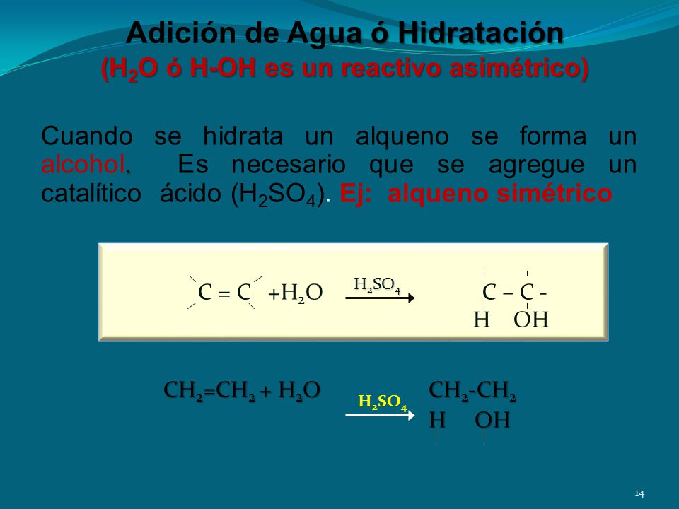 Adición de Agua ó Hidratación (H2O ó H-OH es un reactivo asimétrico)