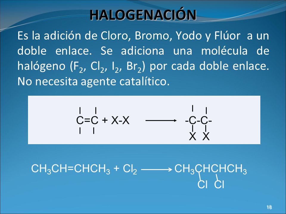 HALOGENACIÓN C=C + X-X -C-C- X X CH3CH=CHCH3 + Cl2 CH3CHCHCH3 Cl Cl