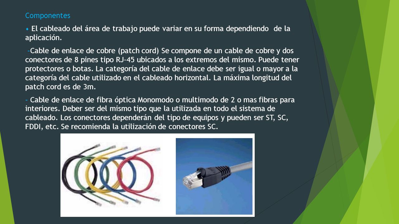Componentes • El cableado del área de trabajo puede variar en su forma dependiendo de la aplicación.