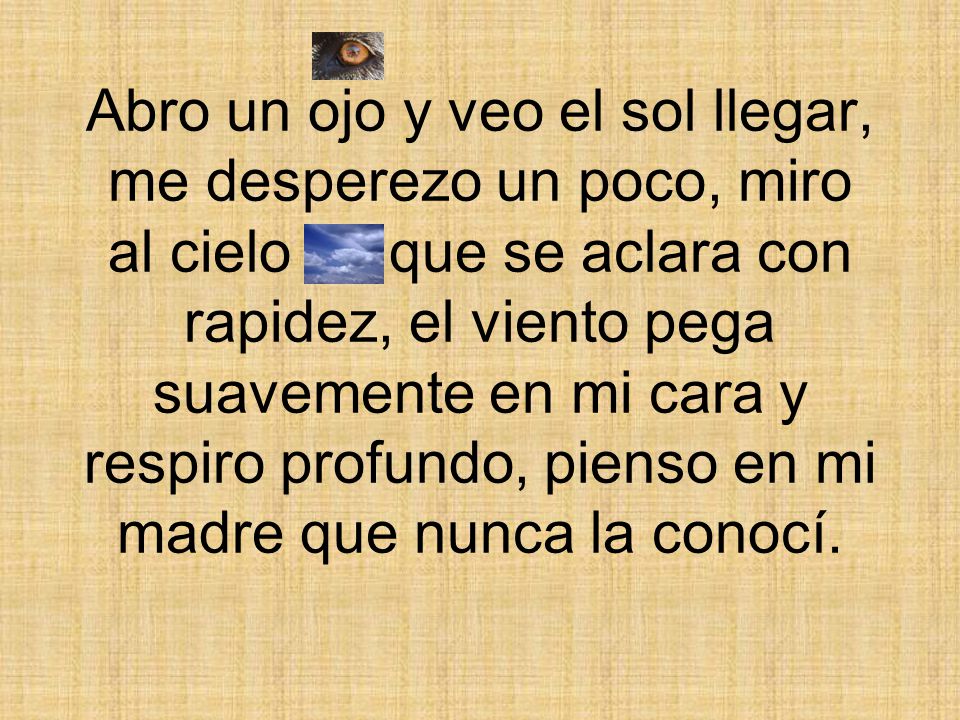 Abro un ojo y veo el sol llegar, me desperezo un poco, miro al cielo que se aclara con rapidez, el viento pega suavemente en mi cara y respiro profundo, pienso en mi madre que nunca la conocí.