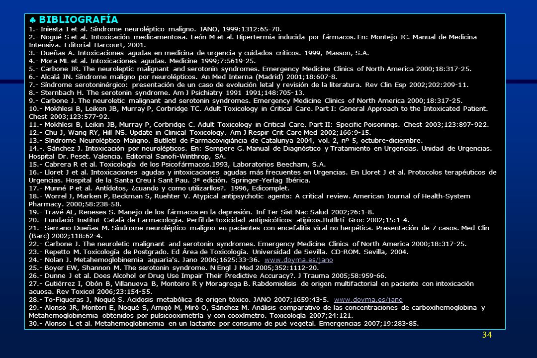  BIBLIOGRAFÍA 1.- Iniesta I et al. Síndrome neuroléptico maligno. JANO, 1999:1312: