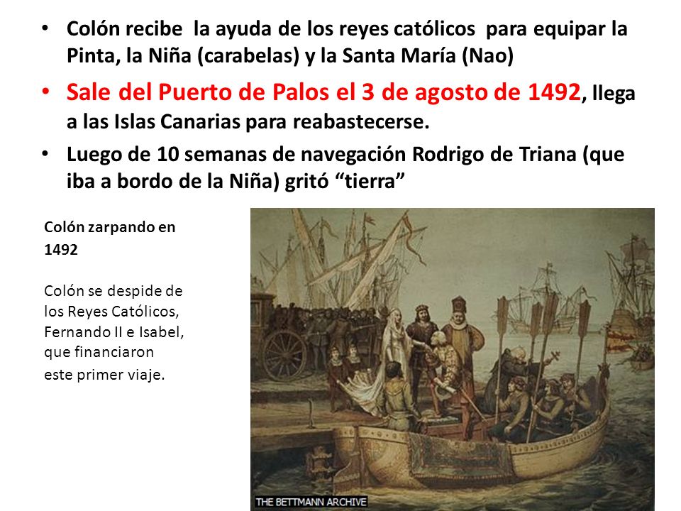 Colón recibe la ayuda de los reyes católicos para equipar la Pinta, la Niña (carabelas) y la Santa María (Nao)