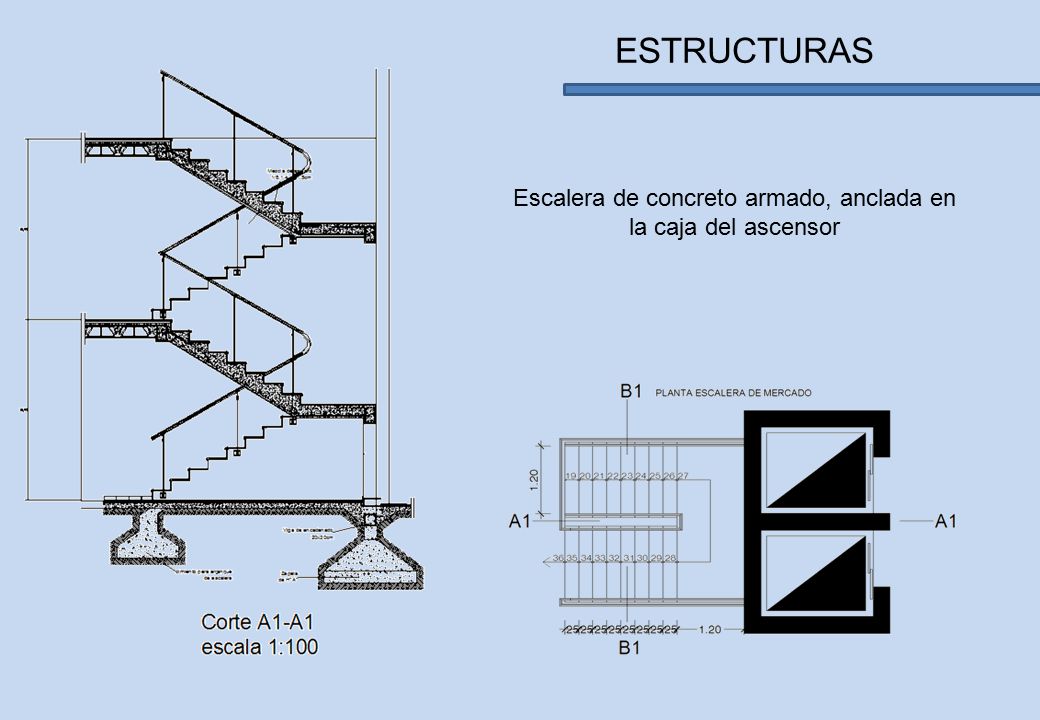 Escalera de concreto armado, anclada en la caja del ascensor