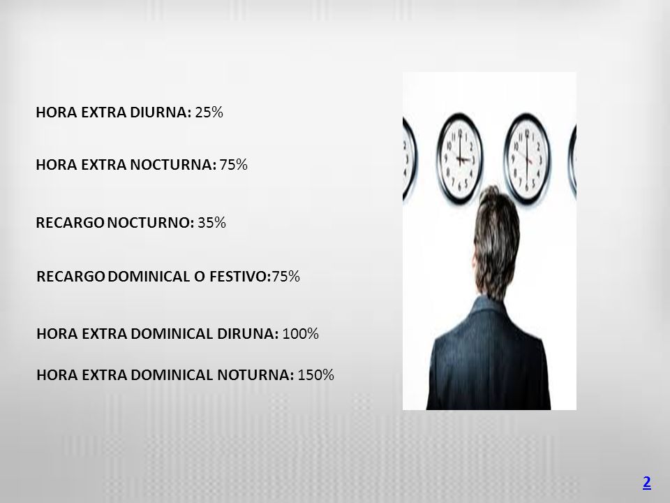 HORA EXTRA DIURNA: 25% HORA EXTRA NOCTURNA: 75% RECARGO NOCTURNO: 35% RECARGO DOMINICAL O FESTIVO:75%