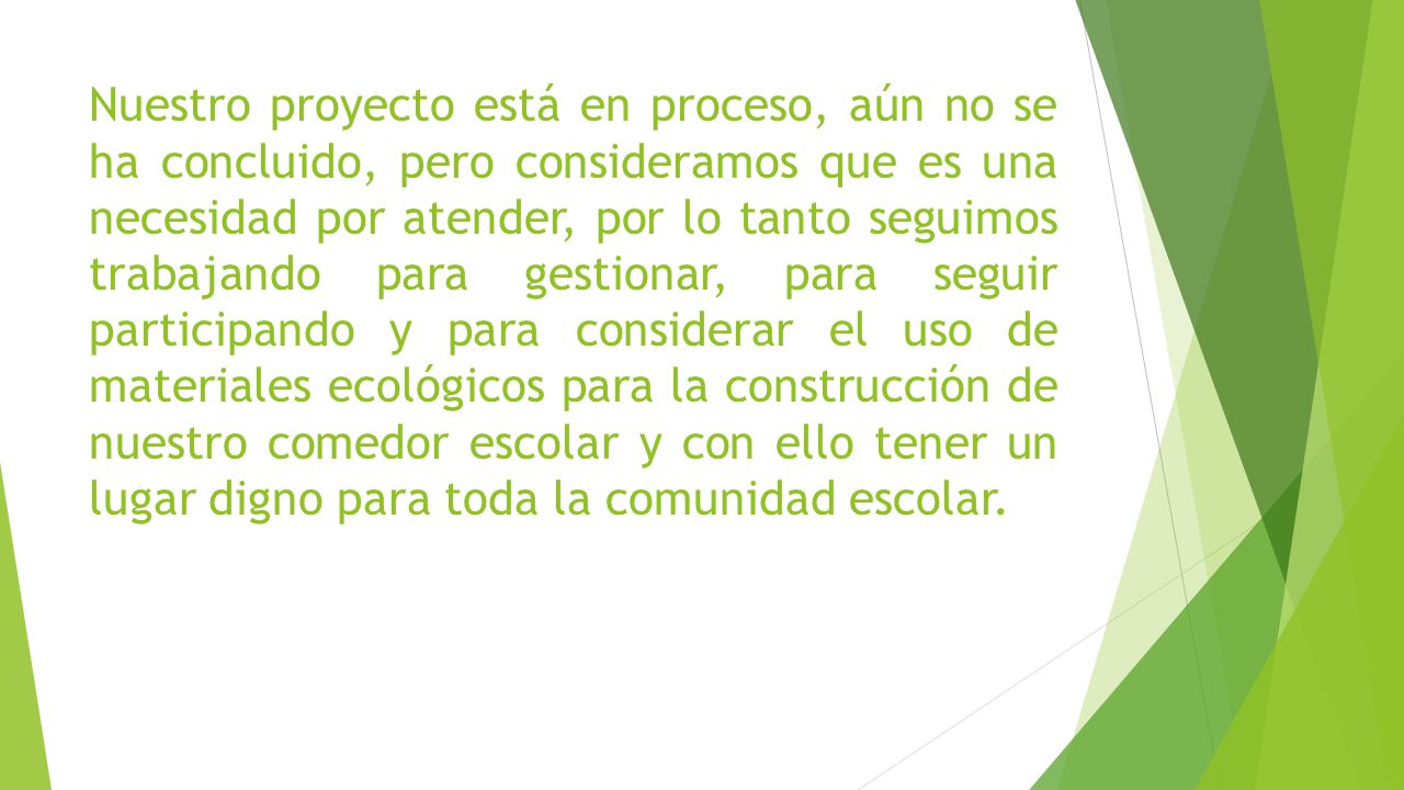 Nuestro proyecto está en proceso, aún no se ha concluido, pero consideramos que es una necesidad por atender, por lo tanto seguimos trabajando para gestionar, para seguir participando y para considerar el uso de materiales ecológicos para la construcción de nuestro comedor escolar y con ello tener un lugar digno para toda la comunidad escolar.