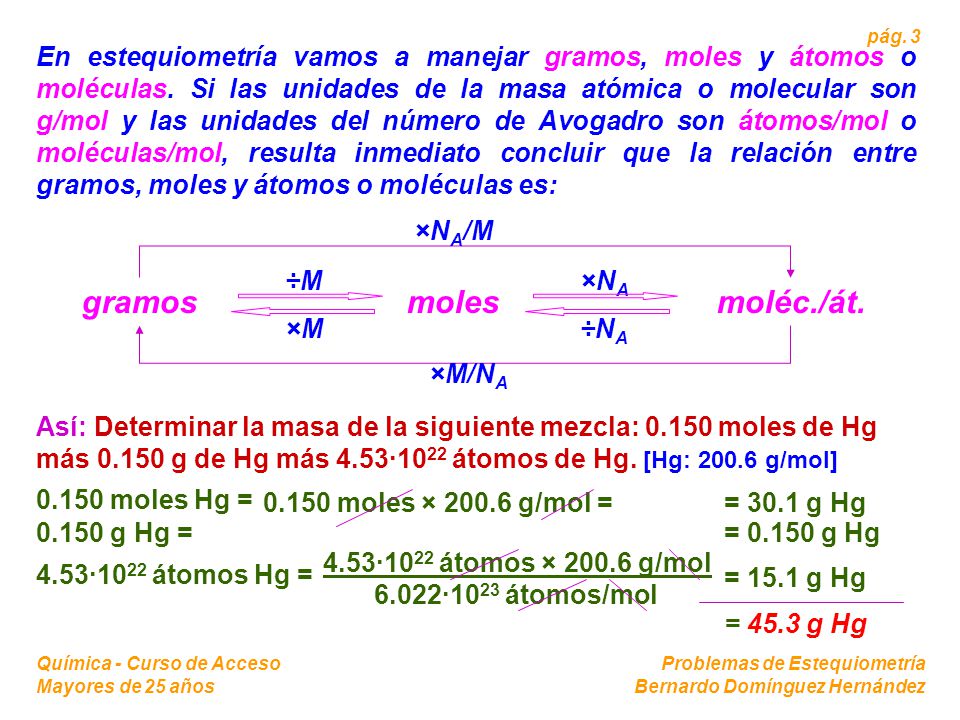 En estequiometría vamos a manejar gramos, moles y átomos o moléculas