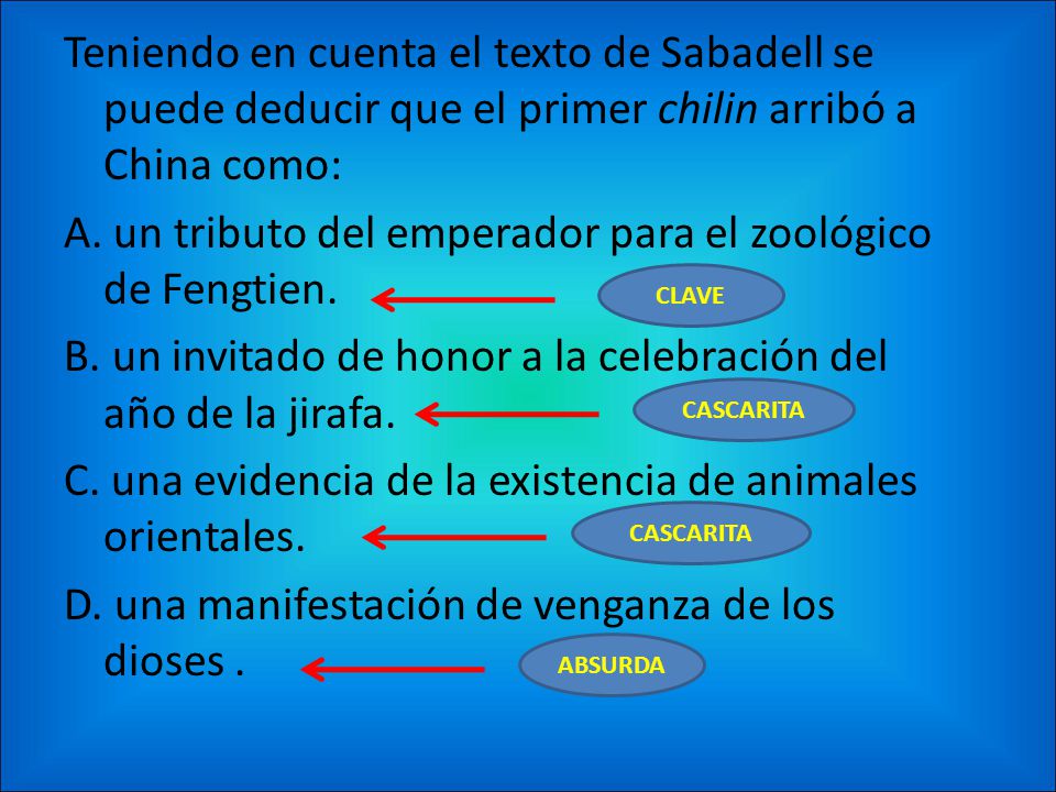 Teniendo en cuenta el texto de Sabadell se puede deducir que el primer chilin arribó a China como: A. un tributo del emperador para el zoológico de Fengtien. B. un invitado de honor a la celebración del año de la jirafa. C. una evidencia de la existencia de animales orientales. D. una manifestación de venganza de los dioses .
