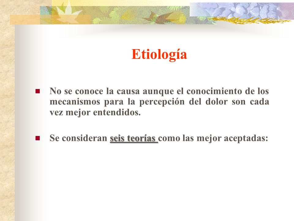 Etiología No se conoce la causa aunque el conocimiento de los mecanismos para la percepción del dolor son cada vez mejor entendidos.