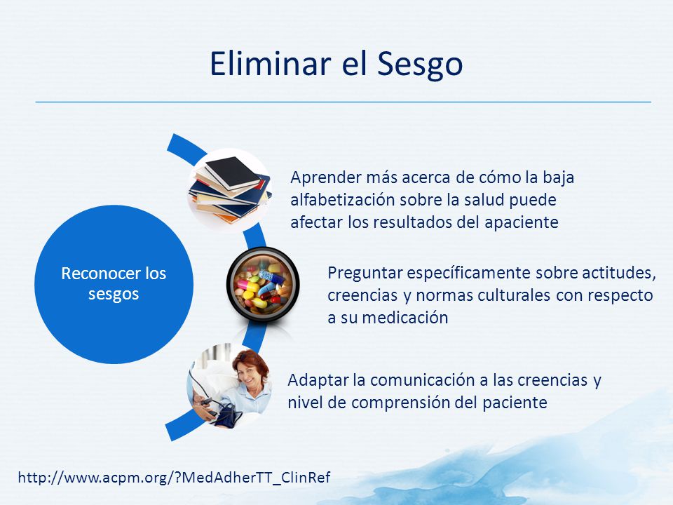 Eliminar el Sesgo Reconocer los sesgos. Aprender más acerca de cómo la baja alfabetización sobre la salud puede afectar los resultados del apaciente.