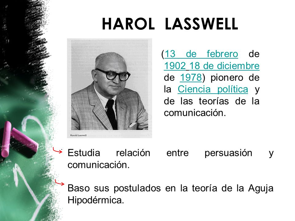 HAROL LASSWELL (13 de febrero de de diciembre de 1978) pionero de la Ciencia política y de las teorías de la comunicación.