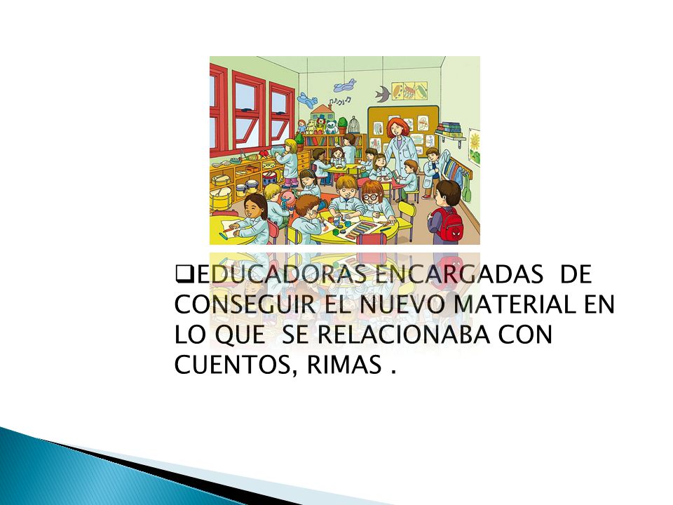 EDUCADORAS ENCARGADAS DE CONSEGUIR EL NUEVO MATERIAL EN LO QUE SE RELACIONABA CON CUENTOS, RIMAS .