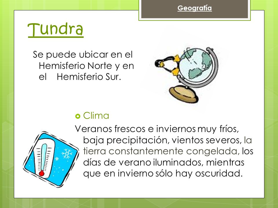 Tundra Se puede ubicar en el Hemisferio Norte y en el Hemisferio Sur.