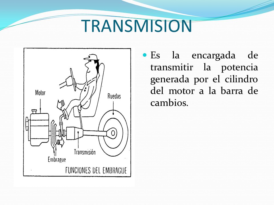 TRANSMISION Es la encargada de transmitir la potencia generada por el cilindro del motor a la barra de cambios.