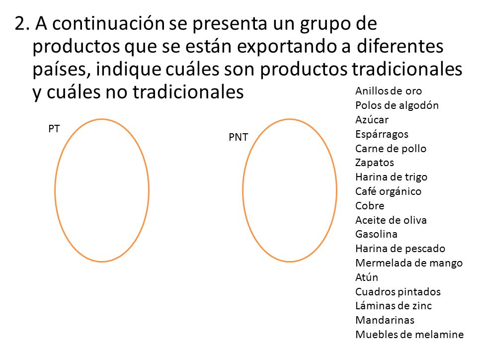 2. A continuación se presenta un grupo de productos que se están exportando a diferentes países, indique cuáles son productos tradicionales y cuáles no tradicionales