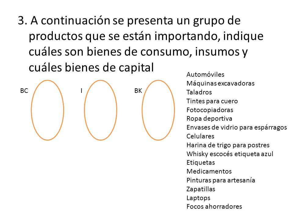 3. A continuación se presenta un grupo de productos que se están importando, indique cuáles son bienes de consumo, insumos y cuáles bienes de capital