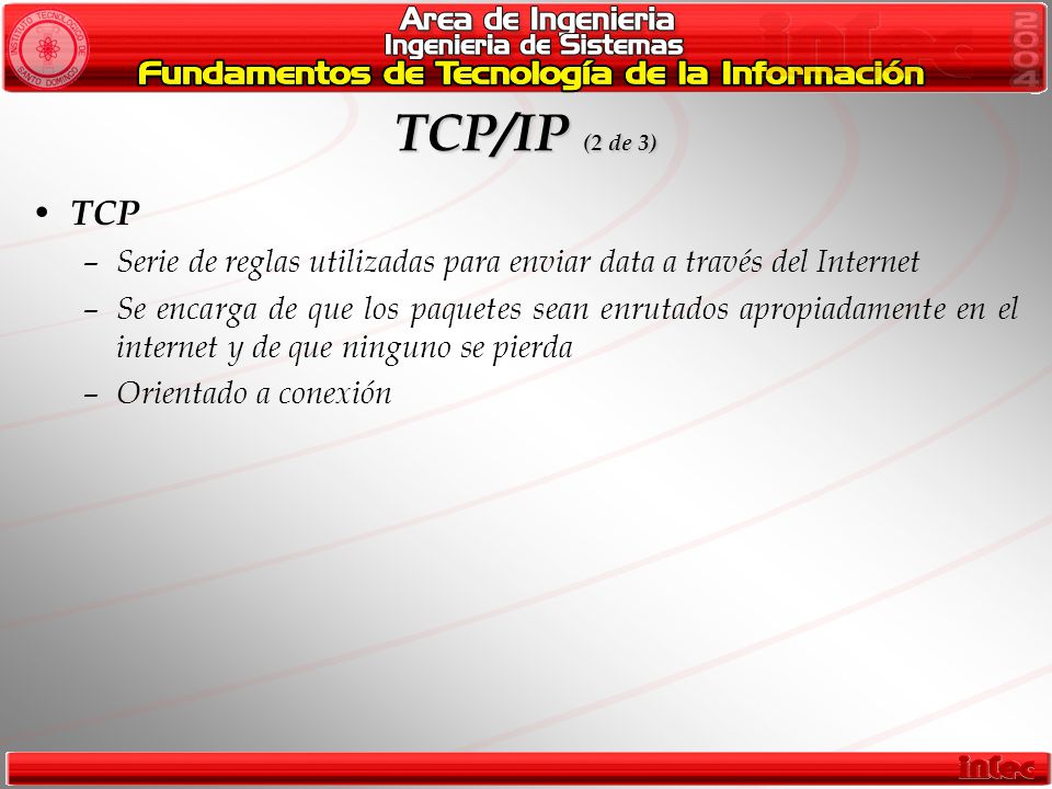 TCP/IP (2 de 3) TCP. Serie de reglas utilizadas para enviar data a través del Internet.