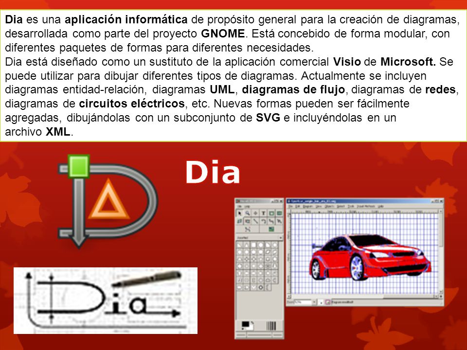 Dia es una aplicación informática de propósito general para la creación de diagramas, desarrollada como parte del proyecto GNOME. Está concebido de forma modular, con diferentes paquetes de formas para diferentes necesidades.