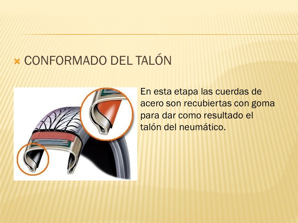 CONFORMADO DEL TALÓN En esta etapa las cuerdas de acero son recubiertas con goma para dar como resultado el talón del neumático.