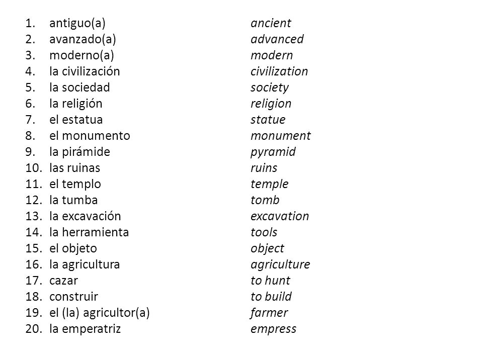 antiguo(a) avanzado(a) moderno(a) la civilización. la sociedad. la religión. el estatua. el monumento.
