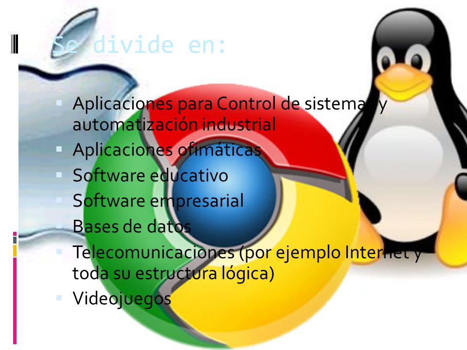 Se divide en: Aplicaciones para Control de sistemas y automatización industrial. Aplicaciones ofimáticas.