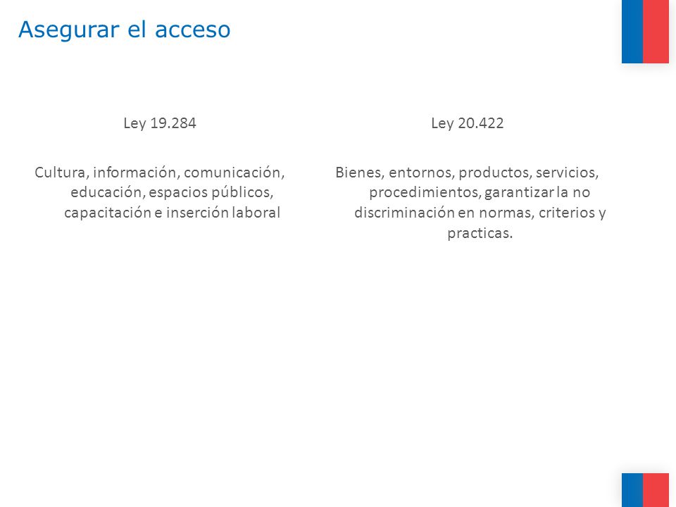 Asegurar el acceso Ley Cultura, información, comunicación, educación, espacios públicos, capacitación e inserción laboral.