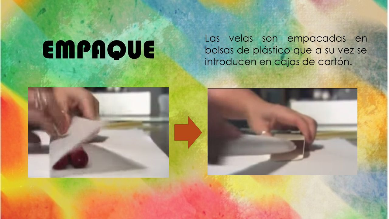 EMPAQUE Las velas son empacadas en bolsas de plástico que a su vez se introducen en cajas de cartón.