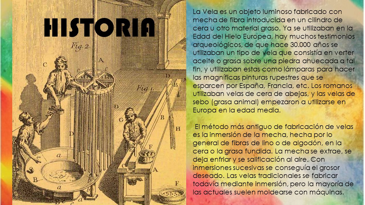 La Vela es un objeto luminoso fabricado con mecha de fibra introducida en un cilindro de cera u otro material graso. Ya se utilizaban en la Edad del Hielo Europea, hay muchos testimonios arqueológicos, de que hace años se utilizaban un tipo de vela que consistía en verter aceite o grasa sobre una piedra ahuecada a tal fin, y utilizaban estas como lámparas para hacer las magníficas pinturas rupestres que se esparcen por España, Francia, etc. Los romanos utilizaban velas de cera de abejas, y las velas de sebo (grasa animal) empezaron a utilizarse en Europa en la edad media.