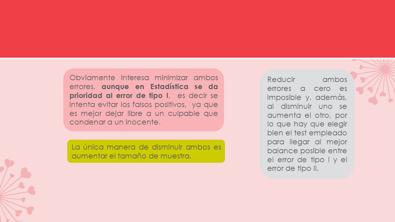 Obviamente interesa minimizar ambos errores, aunque en Estadística se da prioridad al error de tipo I, es decir se intenta evitar los falsos positivos, ya que es mejor dejar libre a un culpable que condenar a un inocente.